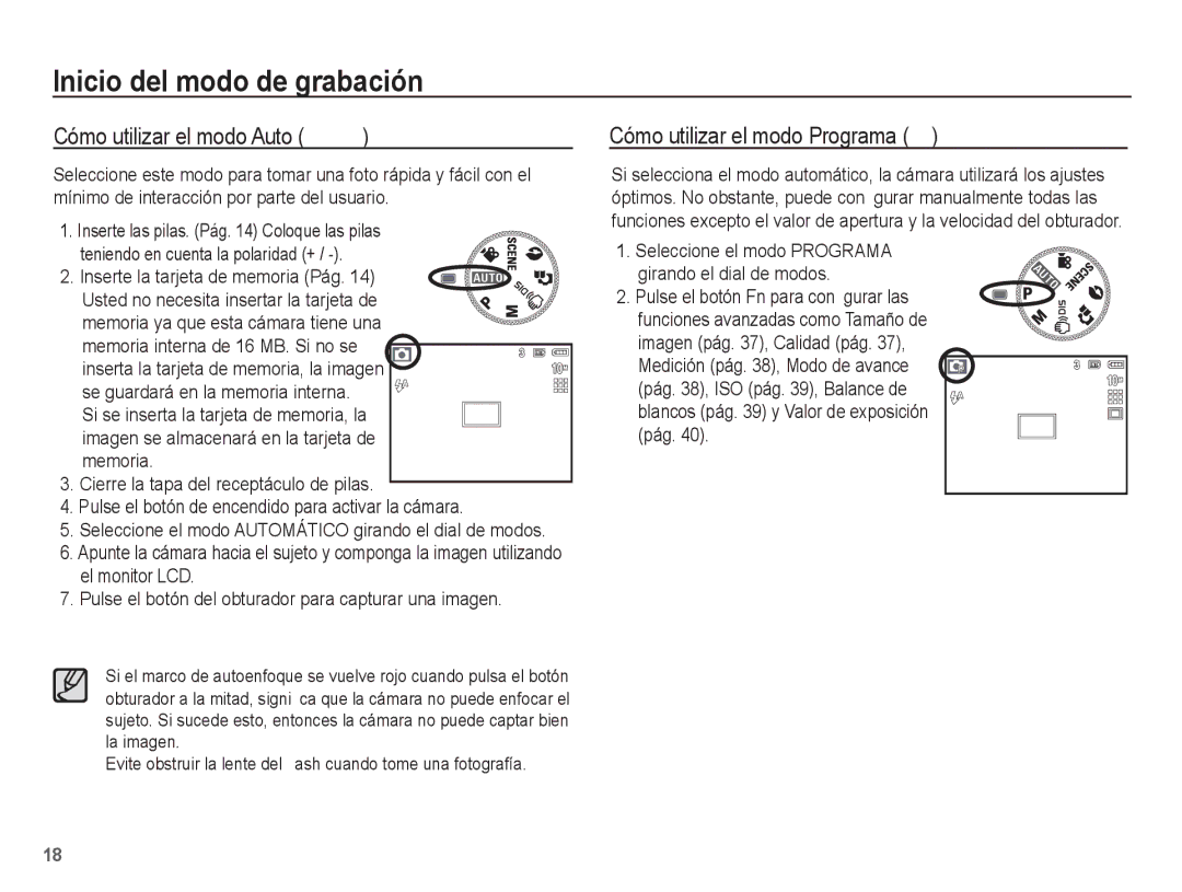 Samsung EC-L201ZEBE/ZA manual Inicio del modo de grabación, Cómo utilizar el modo Auto μ, Cómo utilizar el modo Programa 