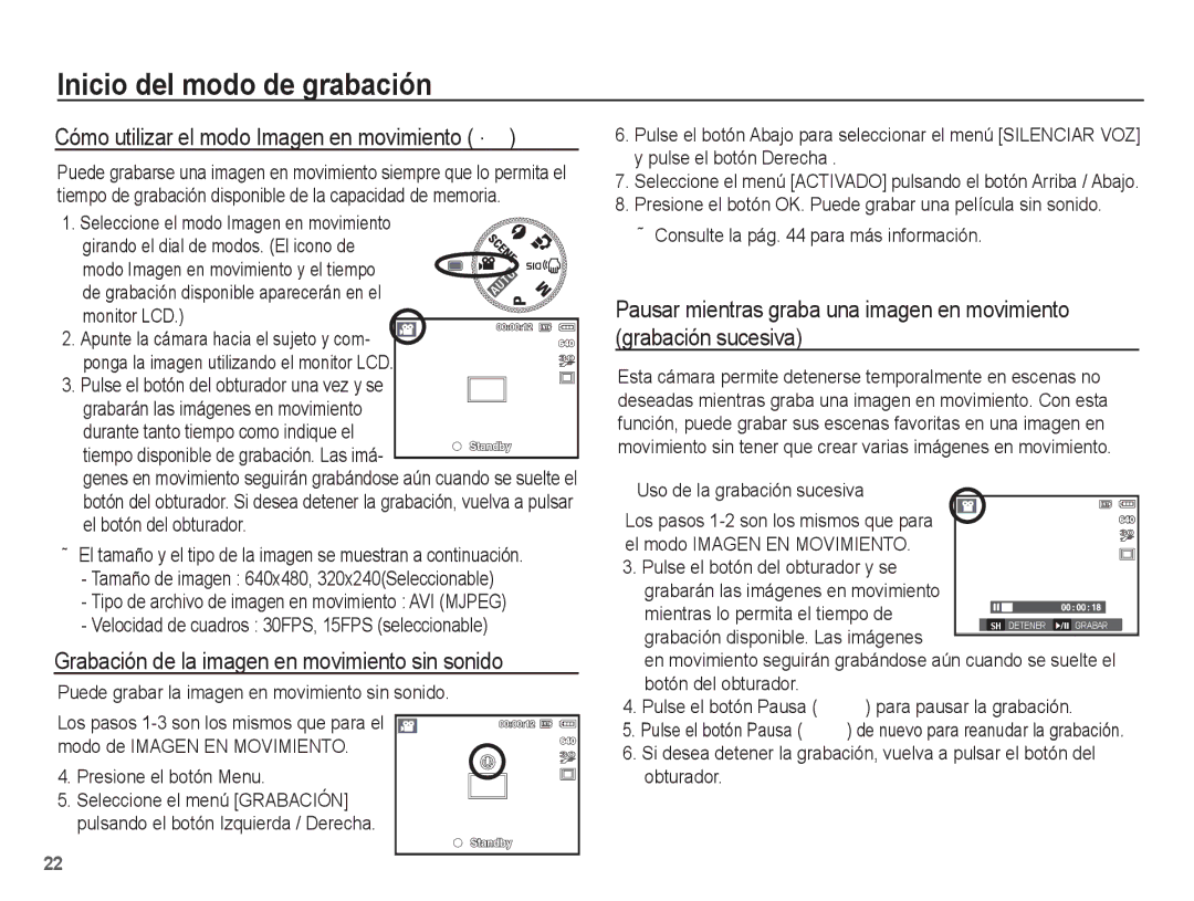 Samsung EC-L201ZUBA/E1 manual Cómo utilizar el modo Imagen en movimiento ´, Grabación de la imagen en movimiento sin sonido 