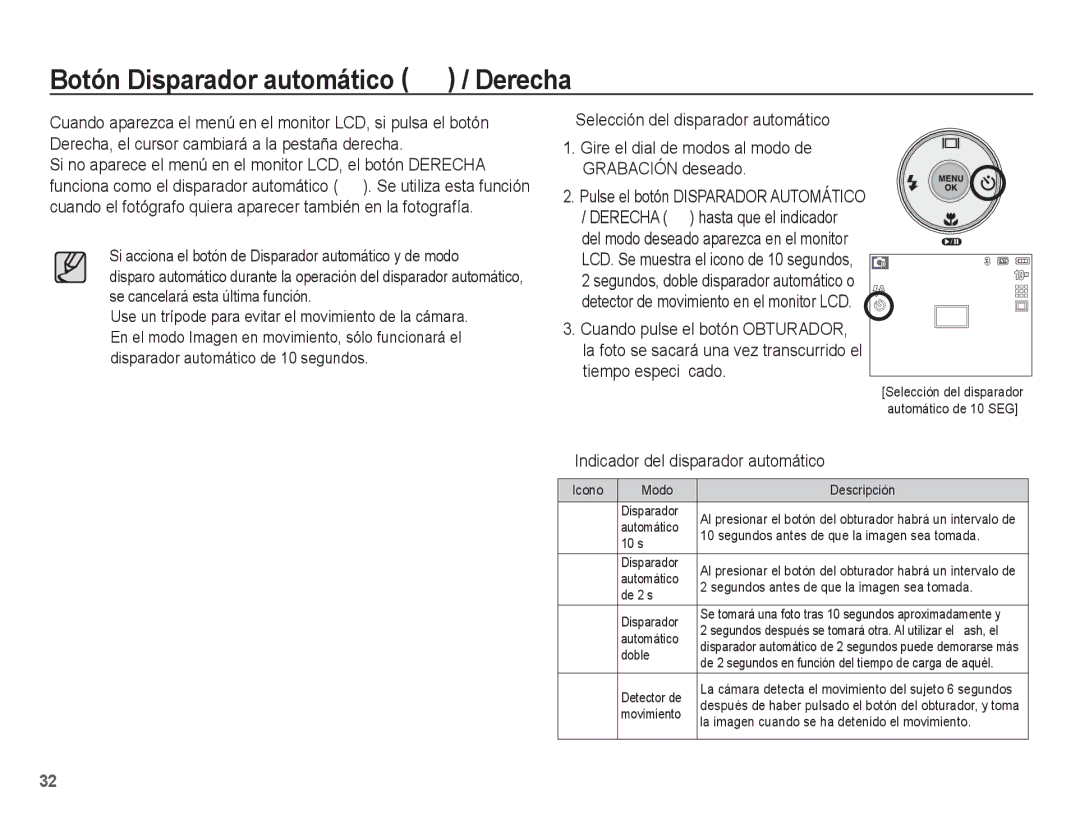 Samsung EC-L201ZUBA/E1, EC-L201ZSBA/E1 manual Botón Disparador automático / Derecha, Selección del disparador automático 