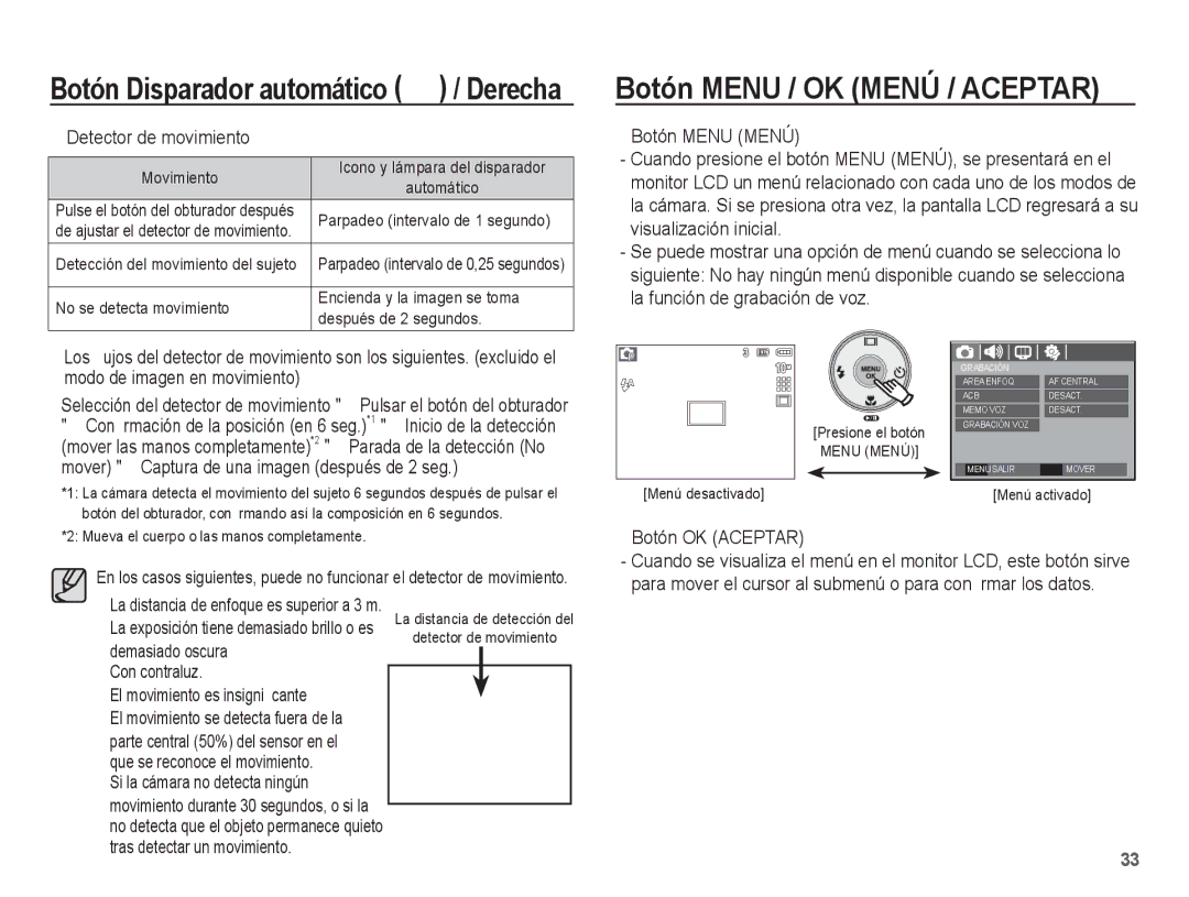 Samsung EC-L201ZBBA/E1, EC-L201ZSBA/E1 manual Botón Menu / OK Menú / Aceptar, Detector de movimiento, Botón OK Aceptar 