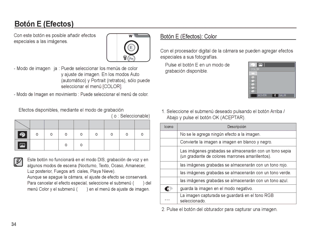 Samsung EC-L201ZUBE/ZA, EC-L201ZSBA/E1, EC-L201ZEBA/E1, EC-L201ZBBE/ZA, EC-L201ZUBA/E1 manual † Š ‰, Botón E Efectos Color 