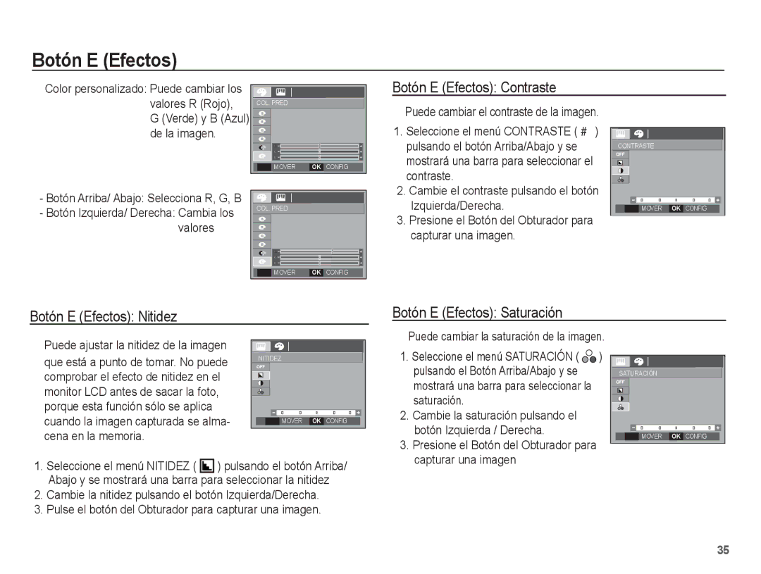 Samsung EC-L201ZSBE/ZA, EC-L201ZSBA/E1 manual Botón E Efectos Contraste, Botón E Efectos Nitidez Botón E Efectos Saturación 