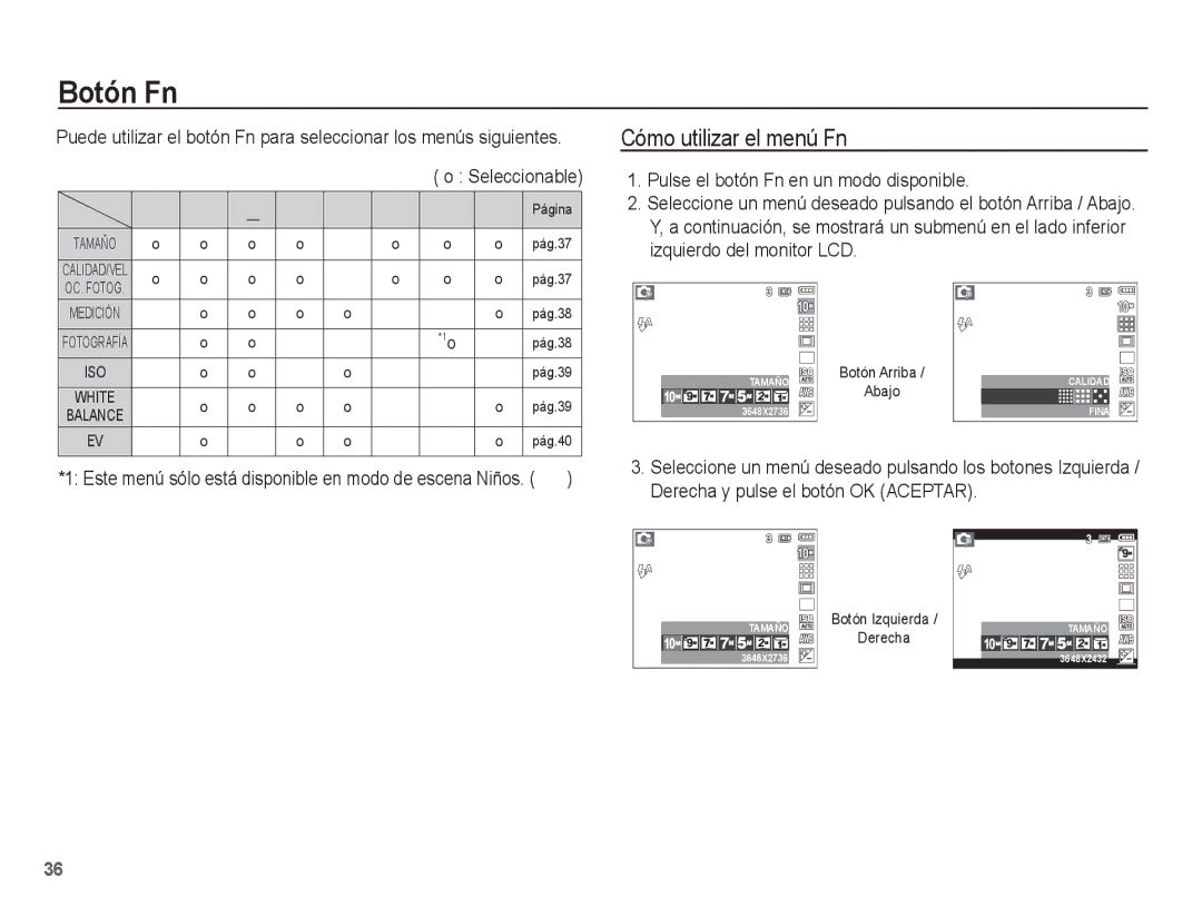 Samsung EC-L201ZPBA/E1, EC-L201ZSBA/E1 Botón Fn, ‰ ÿ, Cómo utilizar el menú Fn, Pulse el botón Fn en un modo disponible 