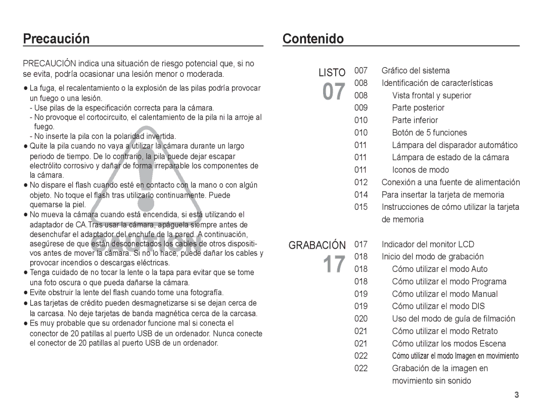 Samsung EC-L201ZBBA/E1, EC-L201ZSBA/E1, EC-L201ZEBA/E1, EC-L201ZBBE/ZA, EC-L201ZUBA/E1 manual Precaución, Contenido, Listo 