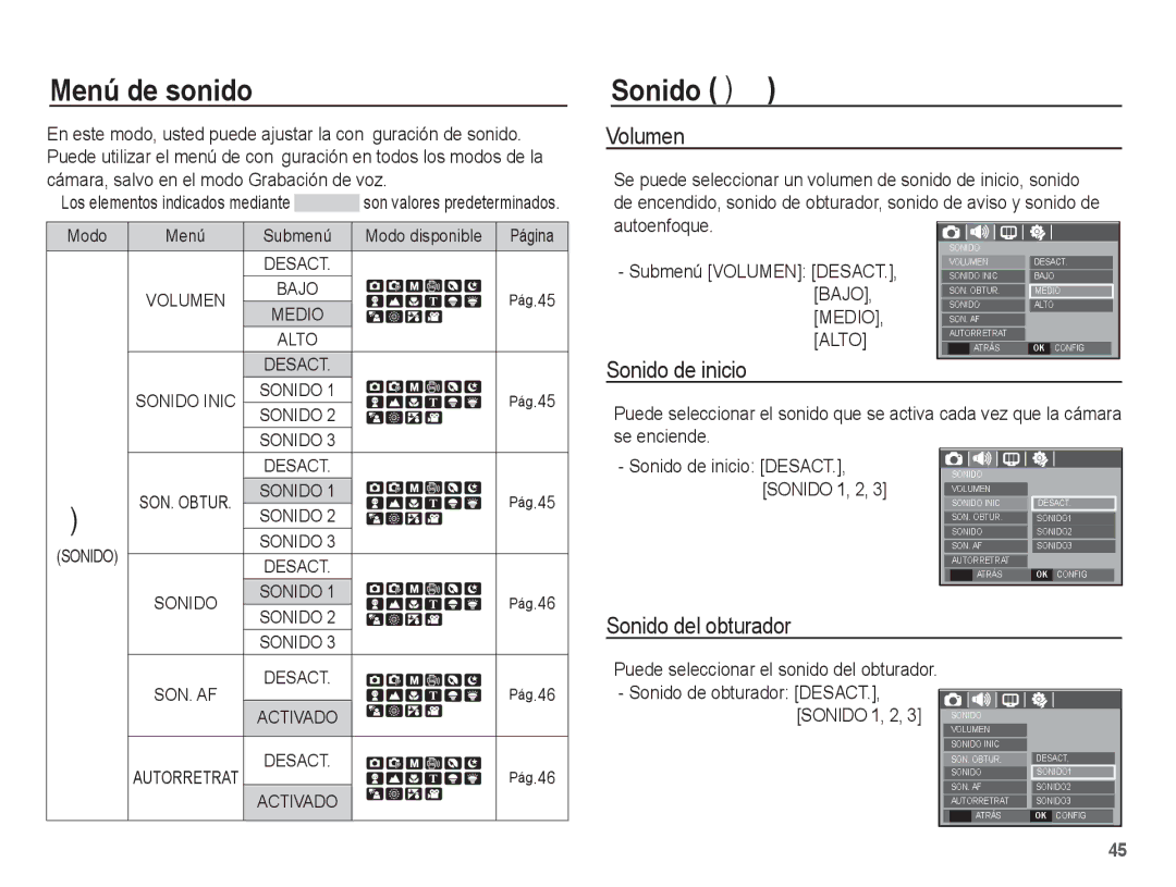 Samsung EC-L201ZSBE/ZA, EC-L201ZSBA/E1 manual Menú de sonido, Sonido , Volumen, Sonido de inicio, Sonido del obturador 