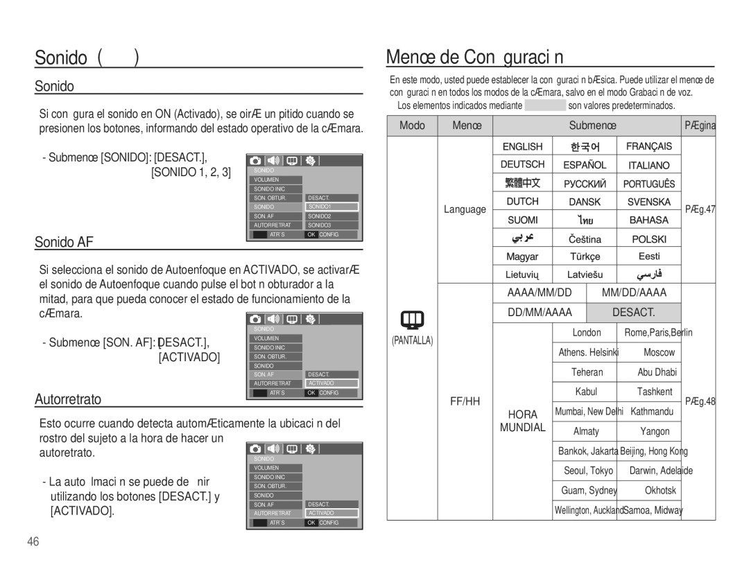 Samsung EC-L201ZPBA/E1, EC-L201ZSBA/E1, EC-L201ZEBA/E1 manual Menú de Conﬁguración, Sonido AF, Autorretrato, Activado 