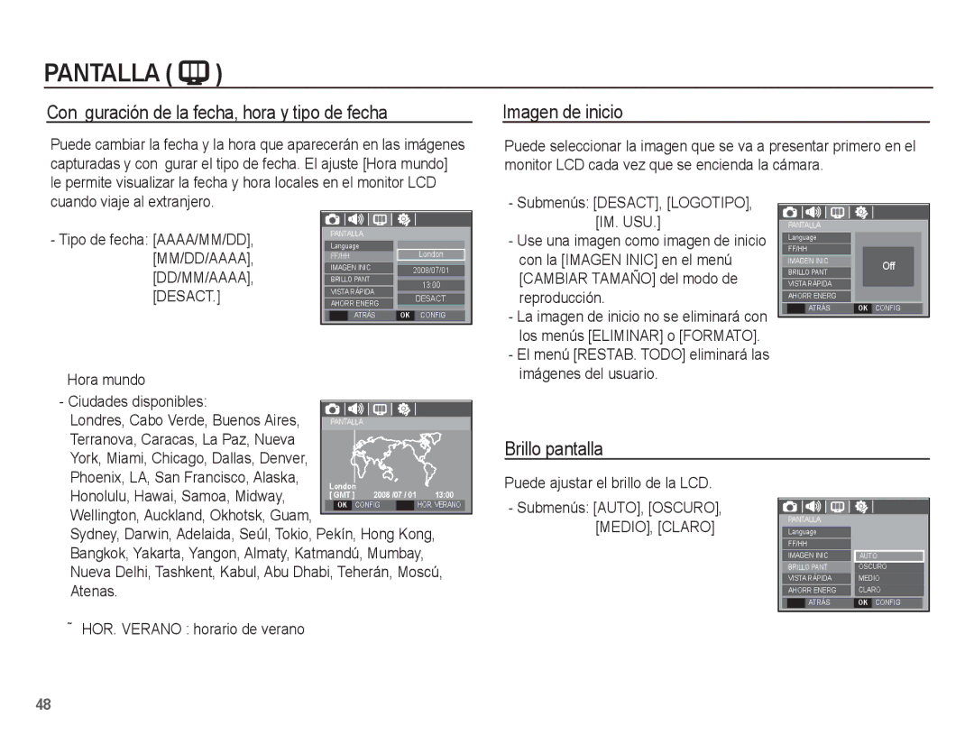 Samsung EC-L201ZEBE/ZA, EC-L201ZSBA/E1 Conﬁguración de la fecha, hora y tipo de fecha, Imagen de inicio, Brillo pantalla 