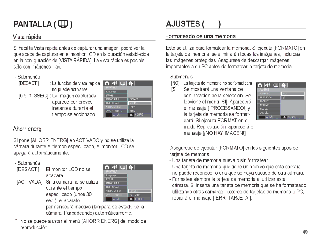 Samsung EC-L201ZSBA/E1, EC-L201ZEBA/E1, EC-L201ZBBE/ZA manual Vista rápida, Formateado de una memoria, Ahorr energ, Submenús 