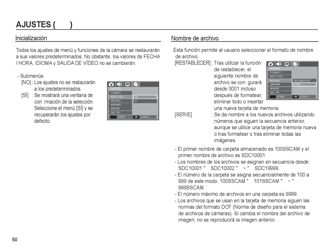 Samsung EC-L201ZEBA/E1, EC-L201ZSBA/E1, EC-L201ZBBE/ZA, EC-L201ZUBA/E1 manual Inicialización, Nombre de archivo, Serie 