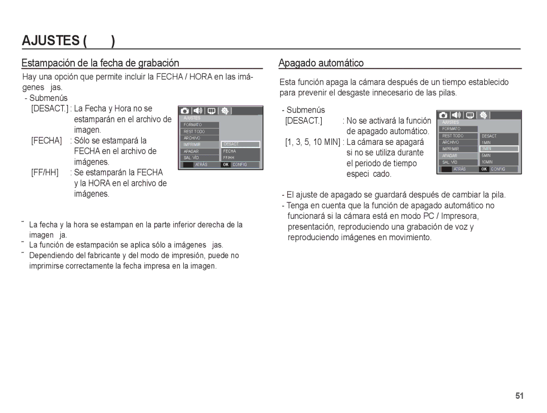 Samsung EC-L201ZBBE/ZA, EC-L201ZSBA/E1 manual Estampación de la fecha de grabación, Apagado automático, Fecha, Ff/Hh 