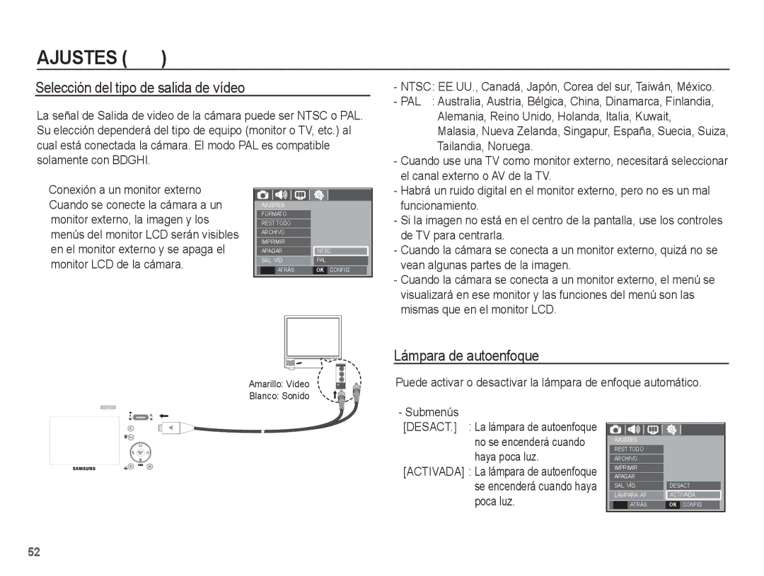 Samsung EC-L201ZUBA/E1, EC-L201ZSBA/E1, EC-L201ZEBA/E1 manual Selección del tipo de salida de vídeo, Lámpara de autoenfoque 