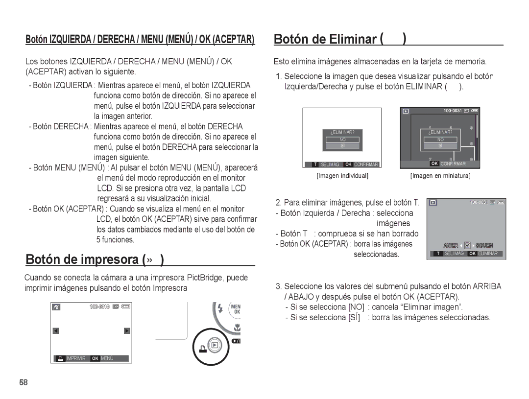 Samsung EC-L201ZEBE/ZA, EC-L201ZSBA/E1, EC-L201ZEBA/E1, EC-L201ZBBE/ZA manual Botón de Eliminar Õ, Botón de impresora » 