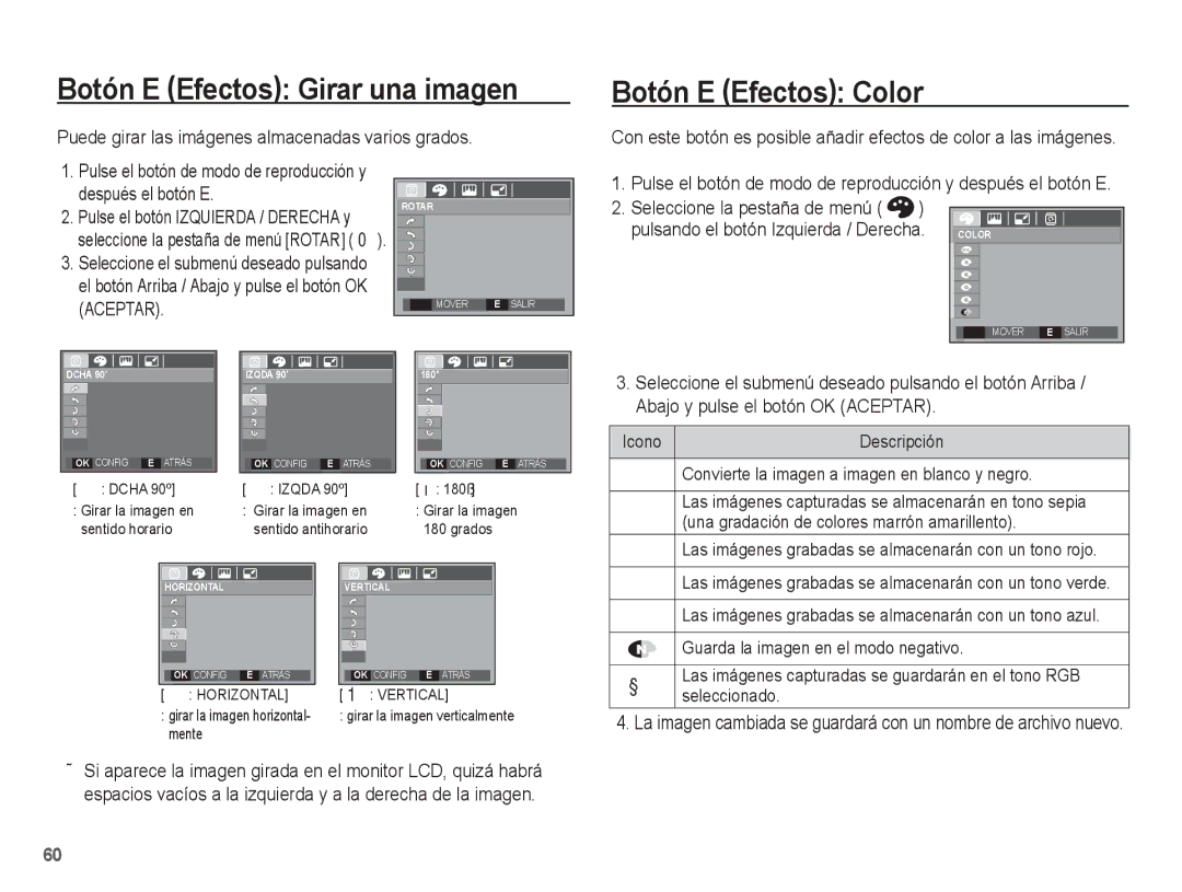 Samsung EC-L201ZEBA/E1, EC-L201ZSBA/E1, EC-L201ZBBE/ZA manual Botón E Efectos Girar una imagen, Botón E Efectos Color 