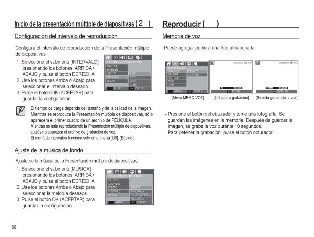 Samsung EC-L201ZPBA/E1 manual Reproducir à, Configuración del intervalo de reproducción, Ajuste de la música de fondo 