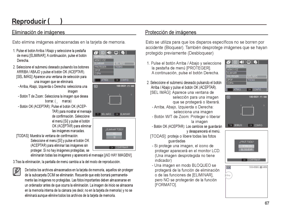 Samsung EC-L201ZPBE/ZA, EC-L201ZSBA/E1, EC-L201ZEBA/E1, EC-L201ZBBE/ZA manual Eliminación de imágenes, Protección de imágenes 