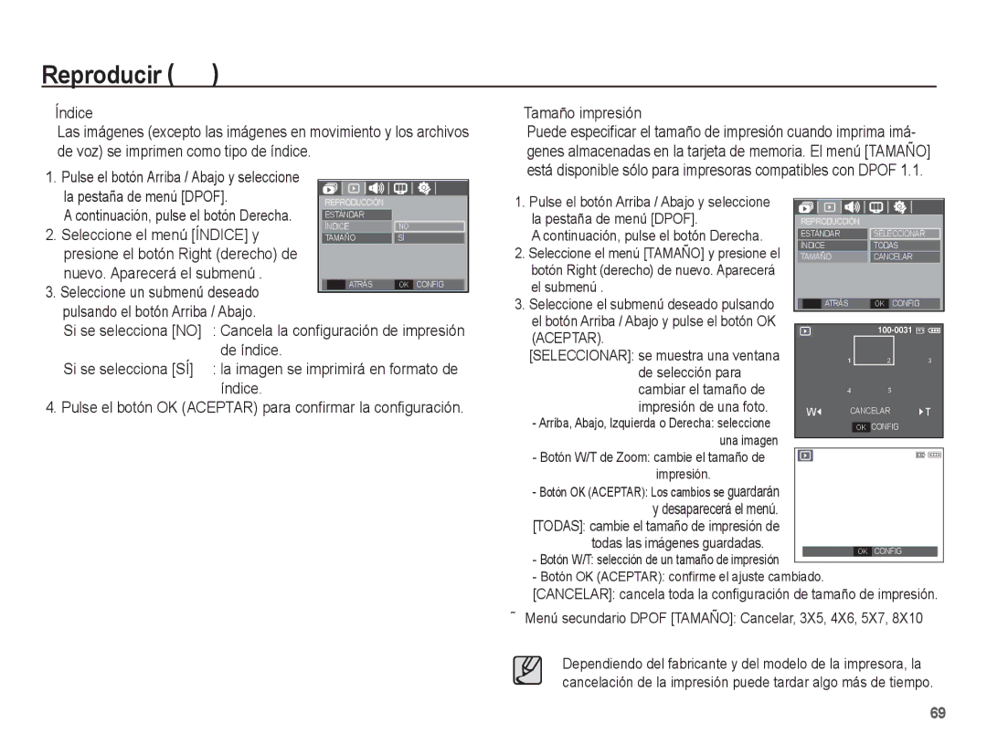 Samsung EC-L201ZSBA/E1 manual La pestaña de menú Dpof, Seleccione el menú Índice y, Nuevo. Aparecerá el submenú, De índice 