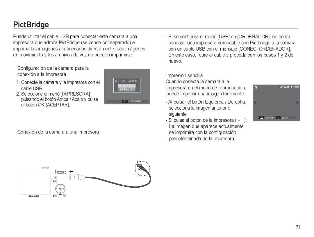 Samsung EC-L201ZBBE/ZA, EC-L201ZSBA/E1, EC-L201ZEBA/E1, EC-L201ZUBA/E1, EC-L201ZBBA/E1, EC-L201ZUBE/ZA manual PictBridge 