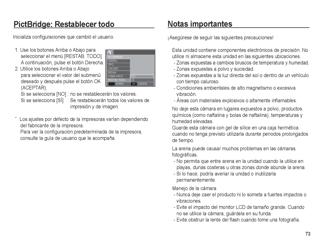 Samsung EC-L201ZBBA/E1, EC-L201ZSBA/E1, EC-L201ZEBA/E1, EC-L201ZBBE/ZA manual PictBridge Restablecer todo, Notas importantes 