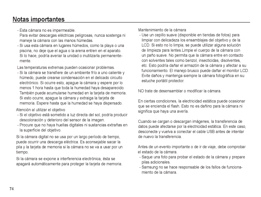 Samsung EC-L201ZUBE/ZA manual Esta cámara no es impermeable, Atención al utilizar el objetivo, Mantenimiento de la cámara 