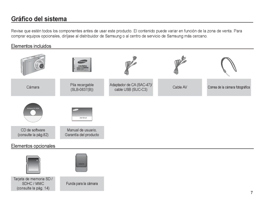 Samsung EC-L201ZPBE/ZA, EC-L201ZSBA/E1, EC-L201ZEBA/E1 manual Gráﬁco del sistema, Elementos incluidos, Elementos opcionales 