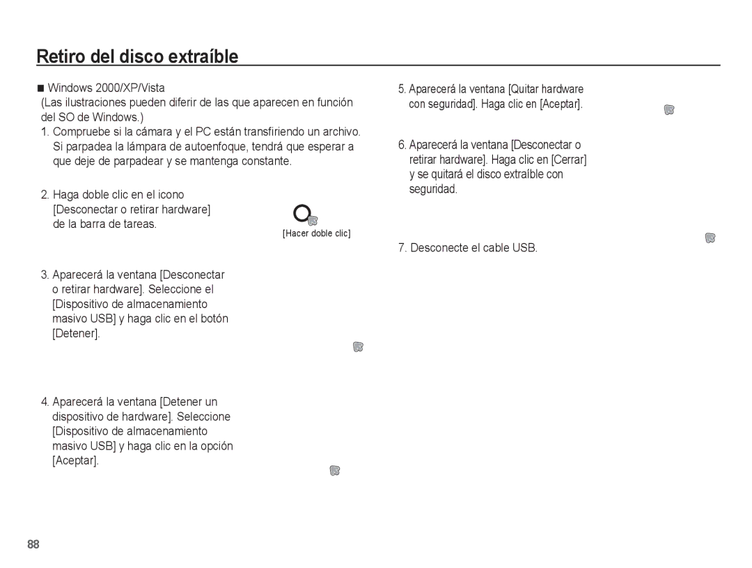 Samsung EC-L201ZEBE/ZA, EC-L201ZSBA/E1 manual Retiro del disco extraíble, De la barra de tareas, Desconecte el cable USB 