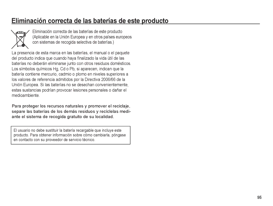 Samsung EC-L201ZSBE/ZA, EC-L201ZSBA/E1, EC-L201ZEBA/E1, EC-L201ZBBE/ZA Eliminación correcta de las baterías de este producto 