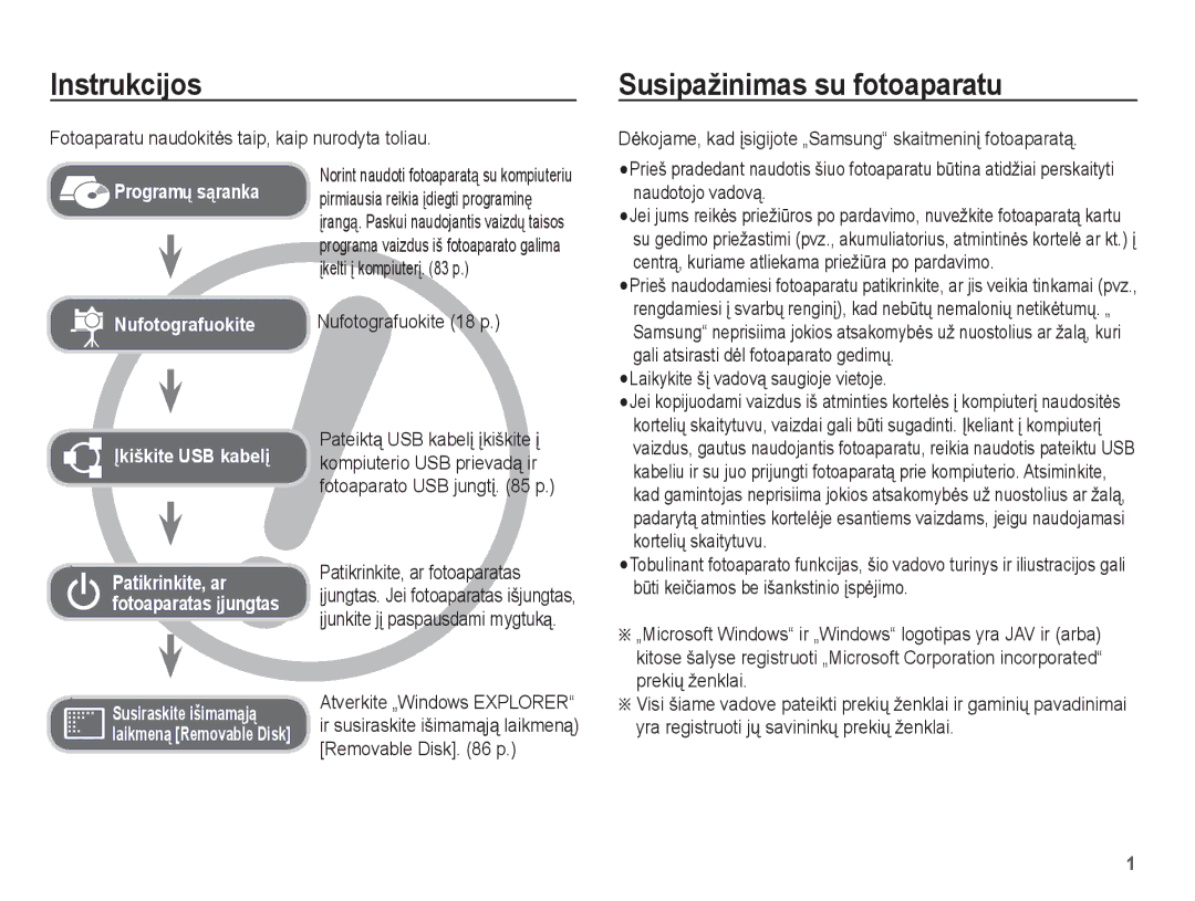 Samsung EC-L201ZSBA/RU Instrukcijos, Susipažinimas su fotoaparatu, Nufotografuokite 18 p, Patikrinkite, ar fotoaparatas 