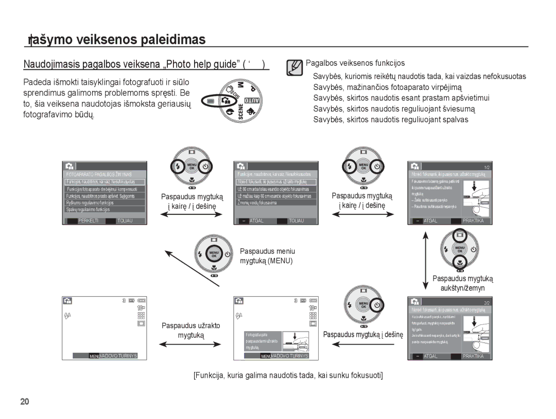 Samsung EC-L201ZBBA/RU, EC-L201ZSBA/RU manual KairĊ / Ƴ dešinĊ, Paspaudus mygtuką Aukštyn/žemyn, Paspaudus užrakto Mygtuką 