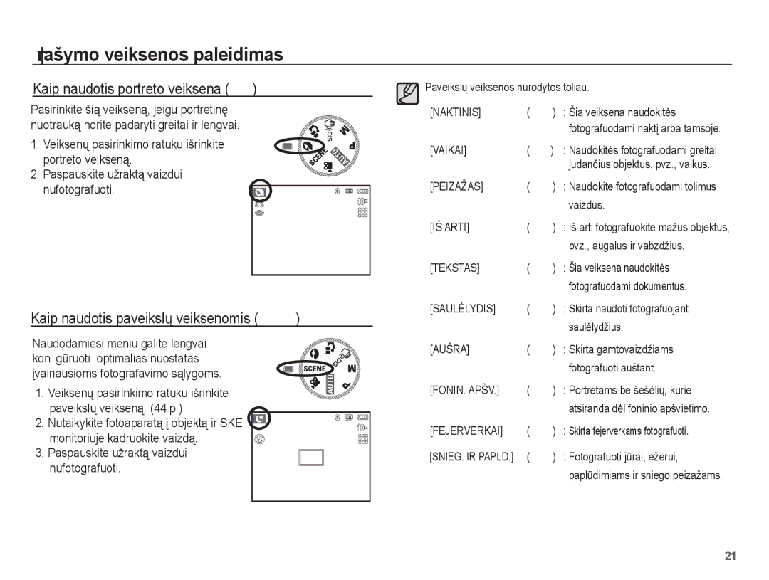 Samsung EC-L201ZSBA/RU Paveikslǐ veiksenos nurodytos toliau, Šia veiksena naudokitơs, Vaizdus, Pvz., augalus ir vabzdžius 