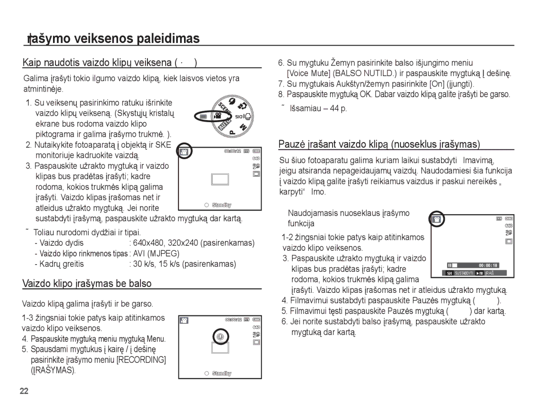 Samsung EC-L201ZBBA/RU, EC-L201ZSBA/RU manual Kaip naudotis vaizdo klipǐ veiksena ´, Vaizdo klipo Ƴrašymas be balso 