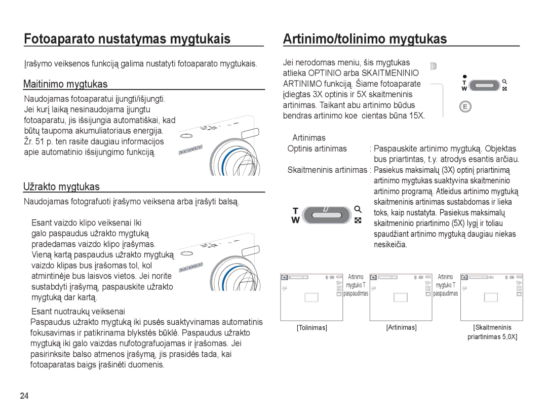 Samsung EC-L201ZBBA/RU Fotoaparato nustatymas mygtukais, Artinimo/tolinimo mygtukas, Maitinimo mygtukas, Užrakto mygtukas 