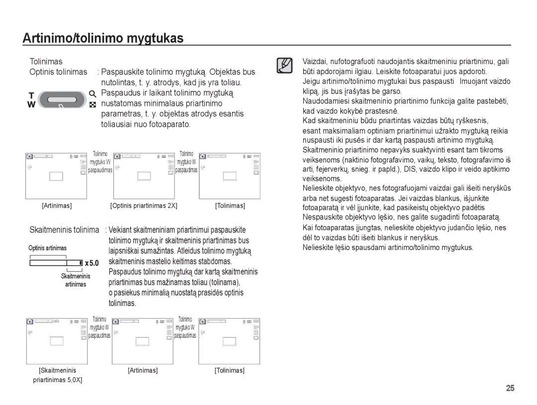 Samsung EC-L201ZSBA/RU, EC-L201ZBBA/RU manual Tolinimas, Pasiekus minimalią nuostatą prasidơs optinis tolinimas 