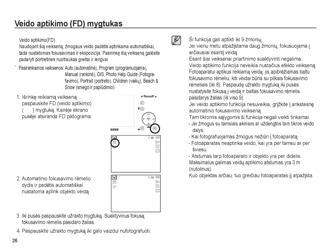 Samsung EC-L201ZBBA/RU, EC-L201ZSBA/RU manual Veido aptikimo FD mygtukas, Veido aptikimoFD 