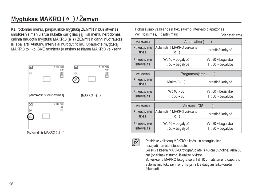 Samsung EC-L201ZBBA/RU, EC-L201ZSBA/RU manual Mygtukas Makro e / Žemyn, Ʋprastinơ kokybơ, Veiksena DIS ÿ 