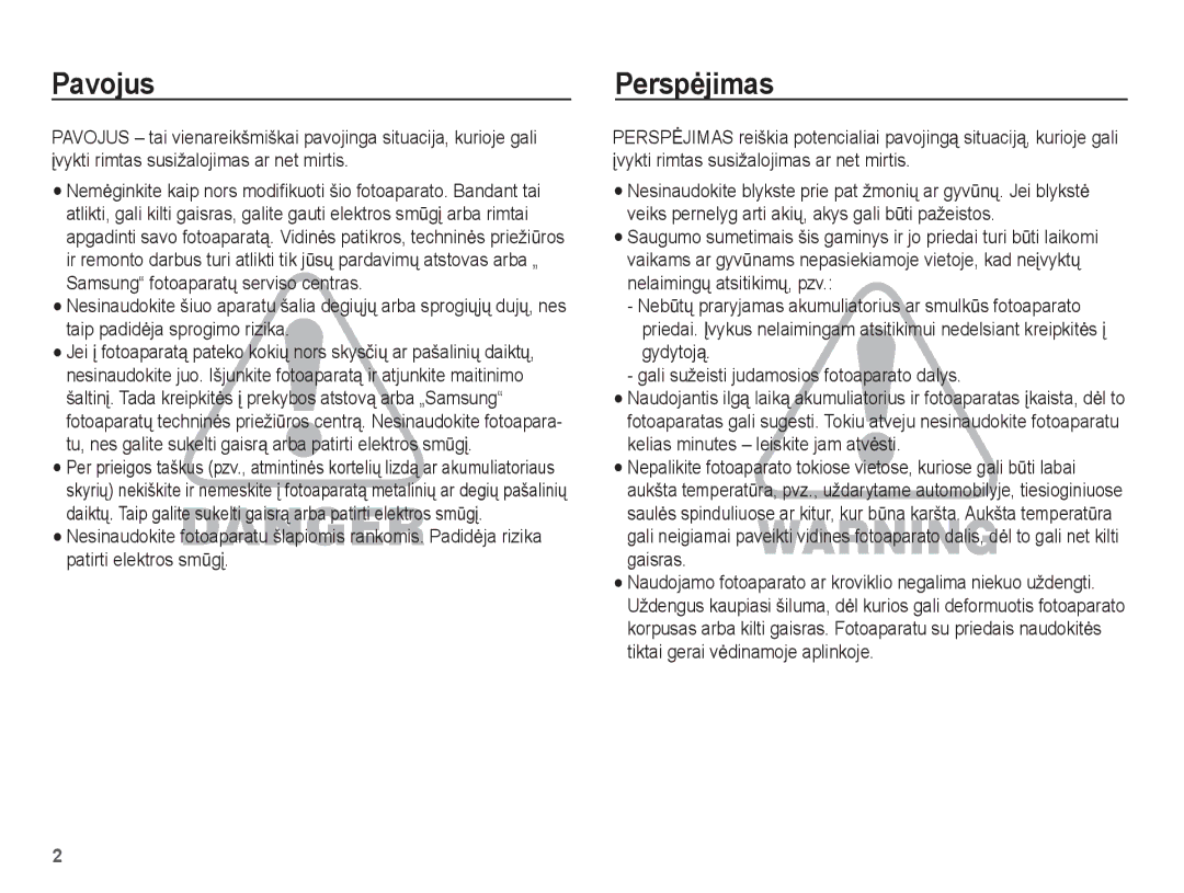 Samsung EC-L201ZBBA/RU, EC-L201ZSBA/RU manual Pavojus, Perspơjimas 