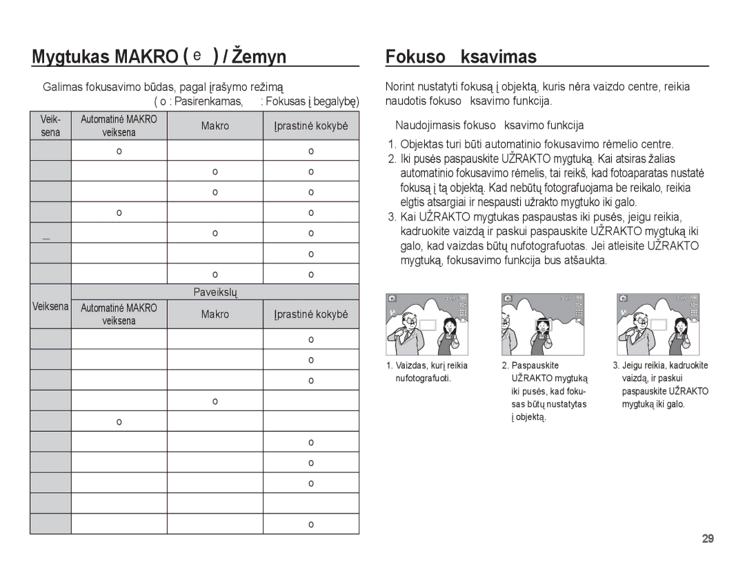 Samsung EC-L201ZSBA/RU, EC-L201ZBBA/RU manual Fokuso ﬁksavimas, Galimas fokusavimo bǌdas, pagal Ƴrašymo režimą Pasirenkamas 