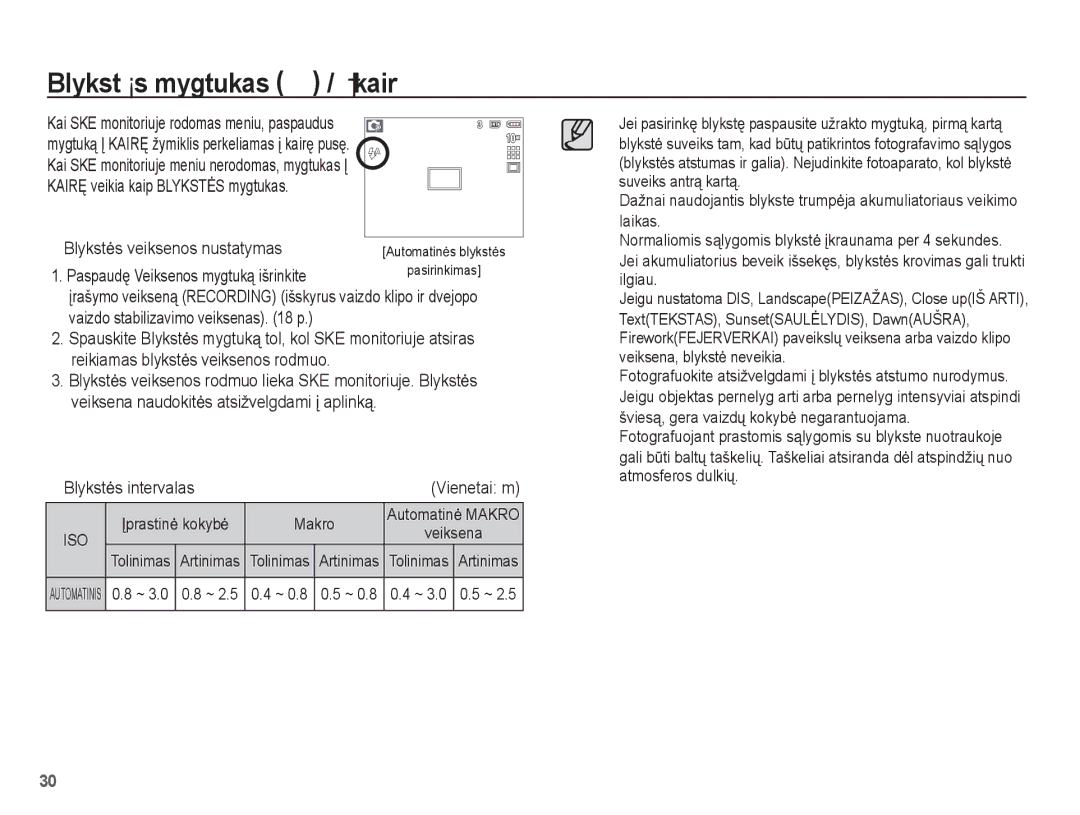 Samsung EC-L201ZBBA/RU, EC-L201ZSBA/RU manual Blykstơs mygtukas / Ʋ kairĊ, Blykstơs intervalas Vienetai m 