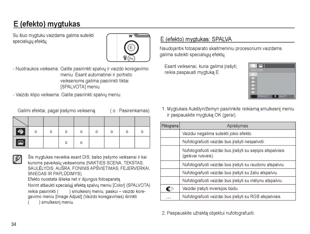 Samsung EC-L201ZBBA/RU, EC-L201ZSBA/RU manual † Š ‰, Efekto mygtukas Spalva 