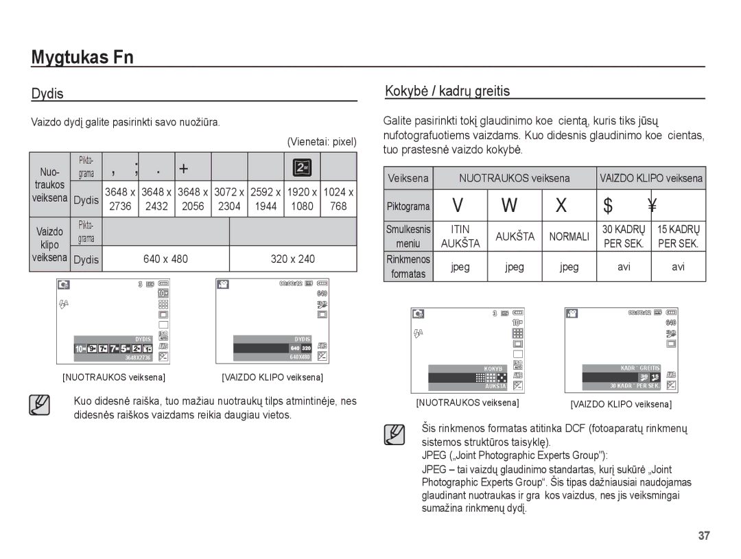 Samsung EC-L201ZSBA/RU, EC-L201ZBBA/RU manual Dydis, Kokybơ / kadrǐ greitis, 3648, 1920, 2736 2432 2056 2304 1944 1080 768 