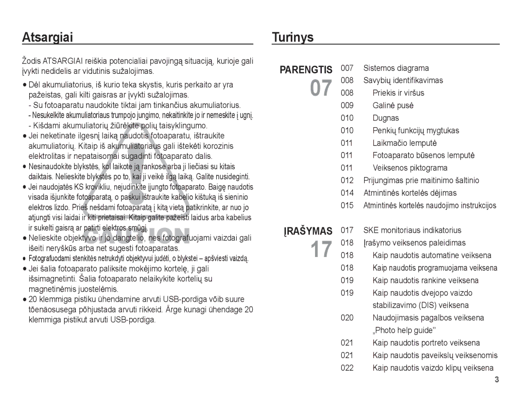 Samsung EC-L201ZSBA/RU, EC-L201ZBBA/RU manual Atsargiai Turinys 