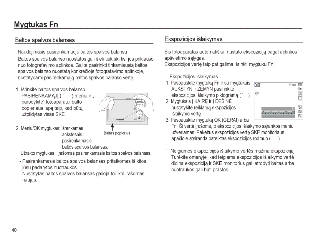 Samsung EC-L201ZBBA/RU, EC-L201ZSBA/RU manual Ekspozicijos išlaikymas, Naudojimasis pasirenkamuoju baltos spalvos balansu 