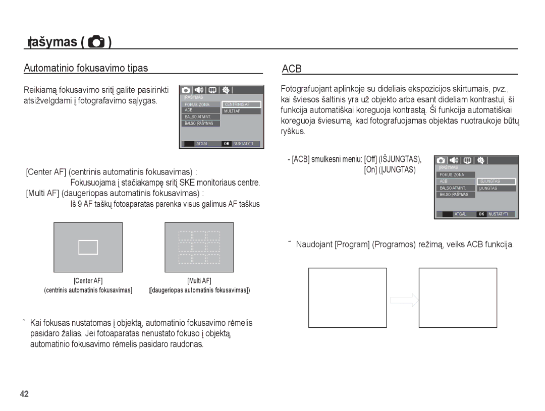 Samsung EC-L201ZBBA/RU, EC-L201ZSBA/RU manual Automatinio fokusavimo tipas, Center AF centrinis automatinis fokusavimas 