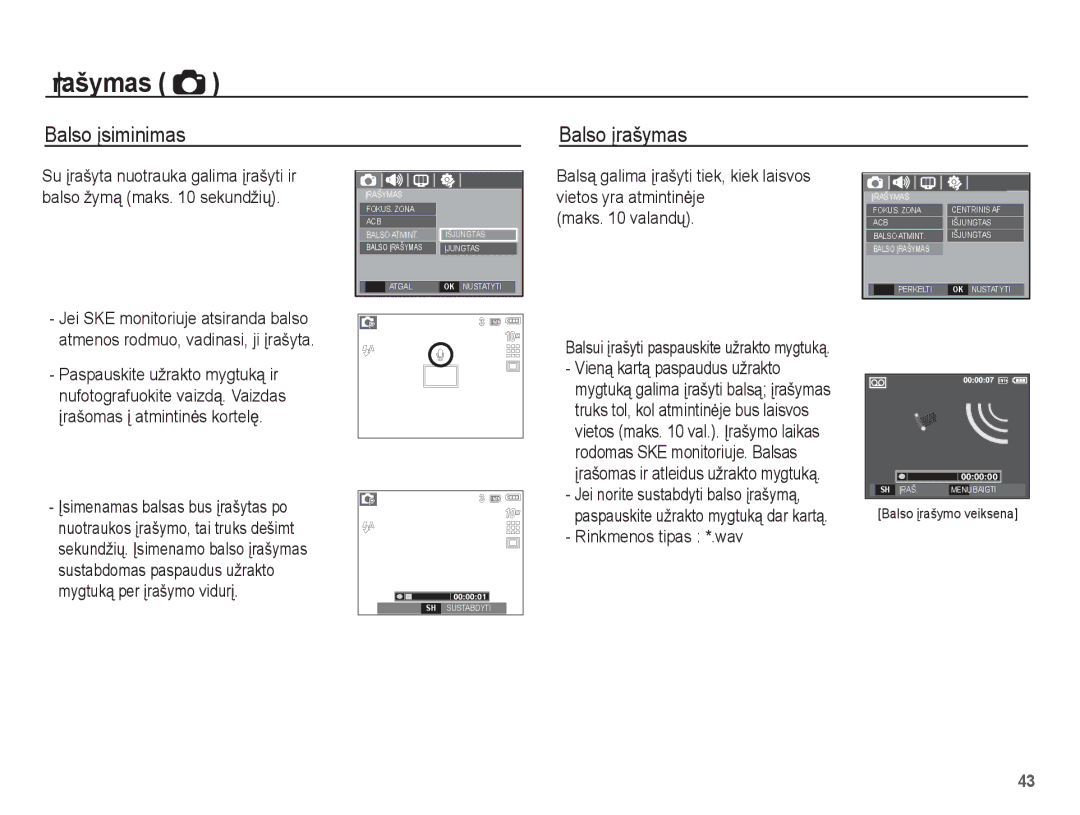 Samsung EC-L201ZSBA/RU, EC-L201ZBBA/RU manual Balso Ƴsiminimas Balso Ƴrašymas 