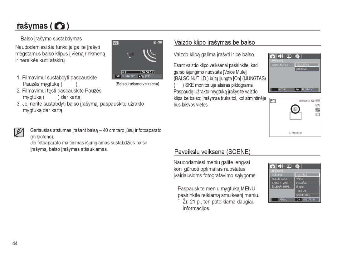 Samsung EC-L201ZBBA/RU, EC-L201ZSBA/RU manual Paveikslǐ veiksena Scene, Pauzơs mygtuką Ø, Mygtuką Ø dar kartą 