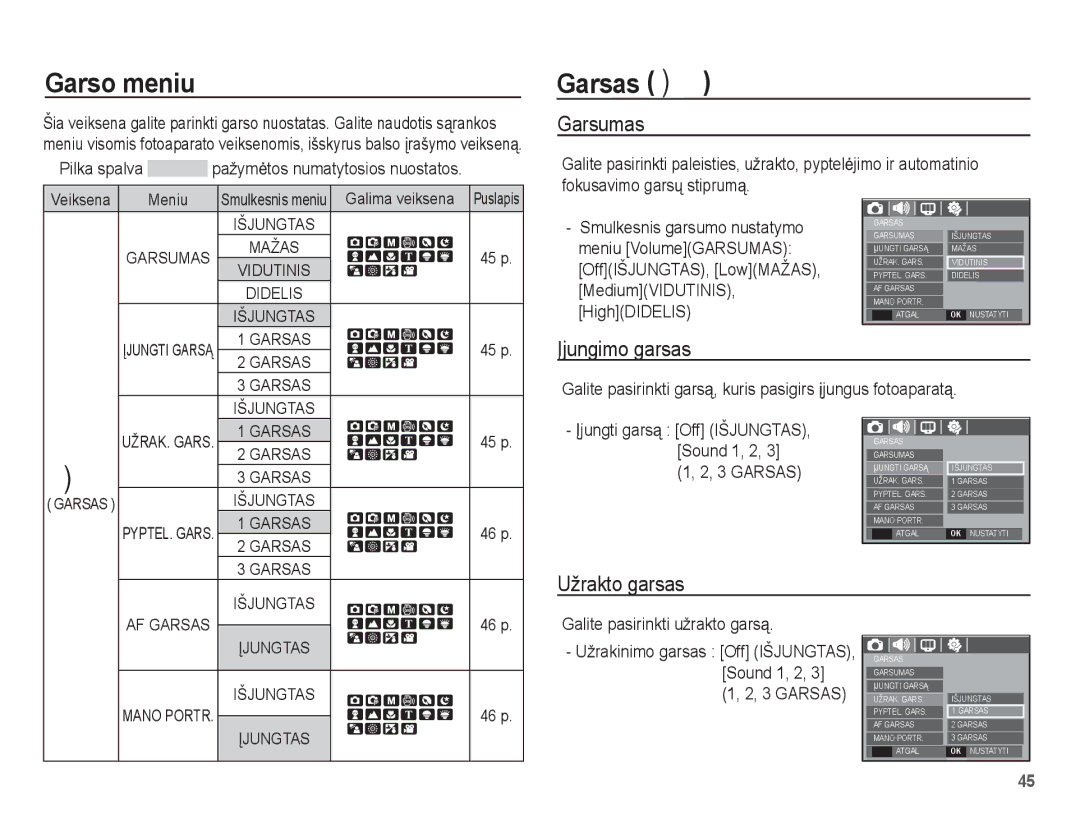 Samsung EC-L201ZSBA/RU, EC-L201ZBBA/RU manual Garso meniu, Garsas , Garsumas, Ʋjungimo garsas, Užrakto garsas 