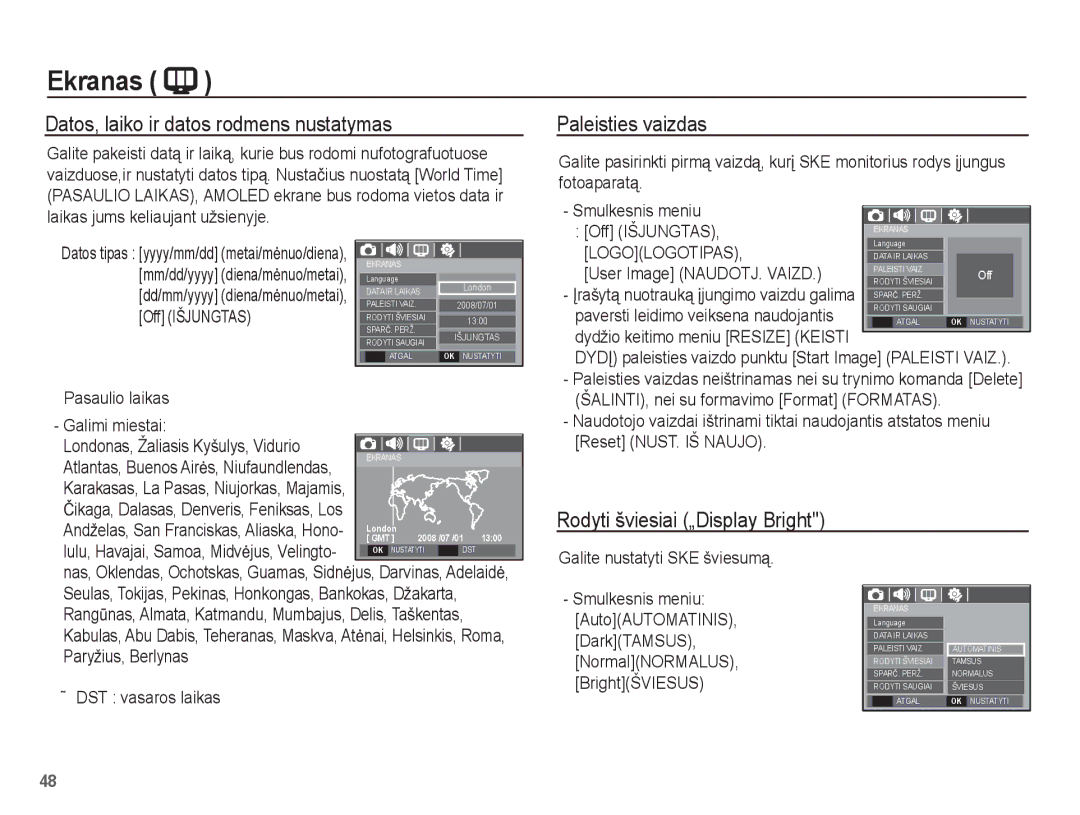 Samsung EC-L201ZBBA/RU manual Datos, laiko ir datos rodmens nustatymas, Paleisties vaizdas, Rodyti šviesiai „Display Bright 