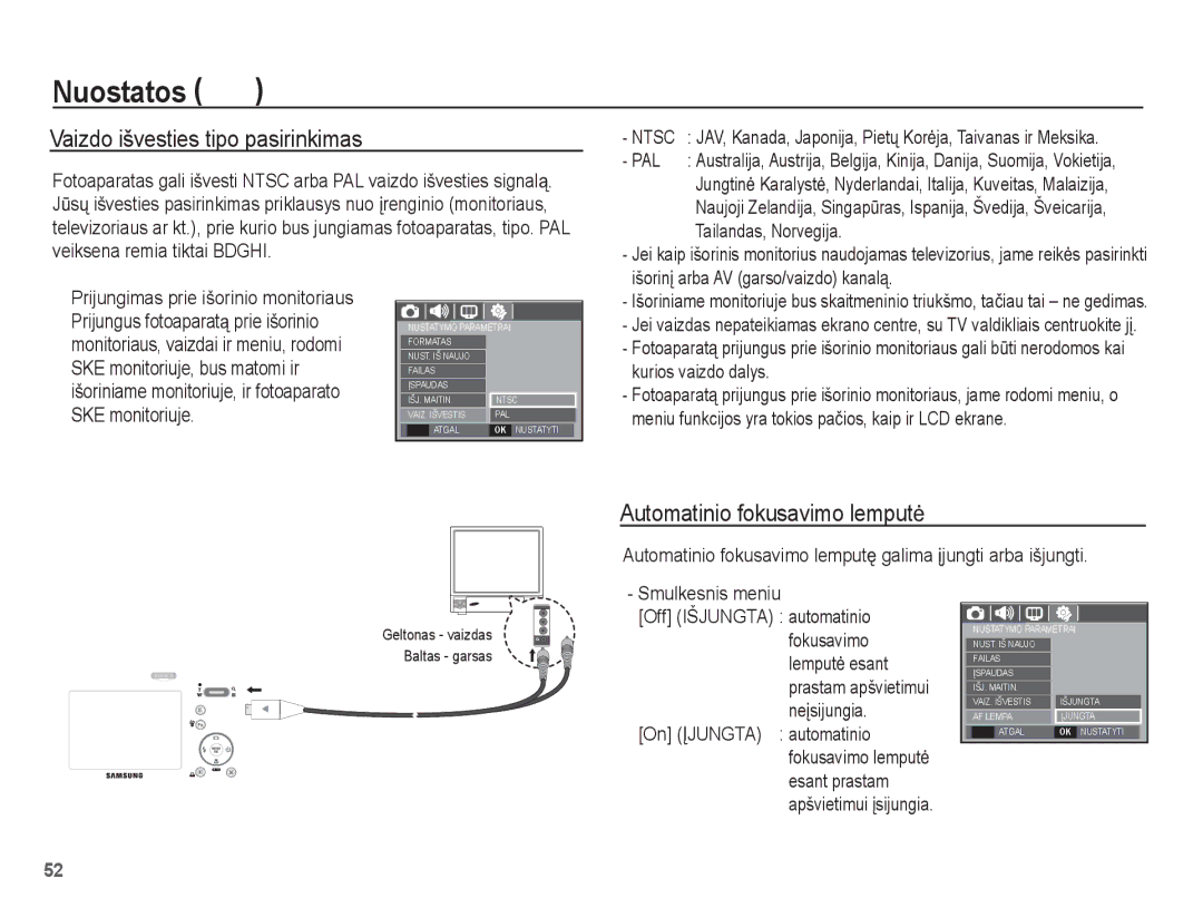 Samsung EC-L201ZBBA/RU, EC-L201ZSBA/RU manual Vaizdo išvesties tipo pasirinkimas, Automatinio fokusavimo lemputơ 