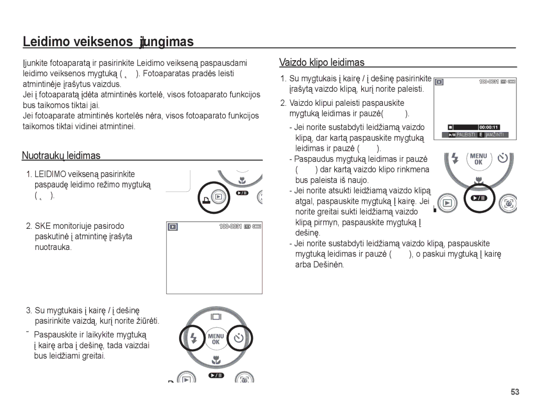 Samsung EC-L201ZSBA/RU, EC-L201ZBBA/RU manual Leidimo veiksenos Ƴjungimas, Nuotraukǐ leidimas, Vaizdo klipo leidimas 