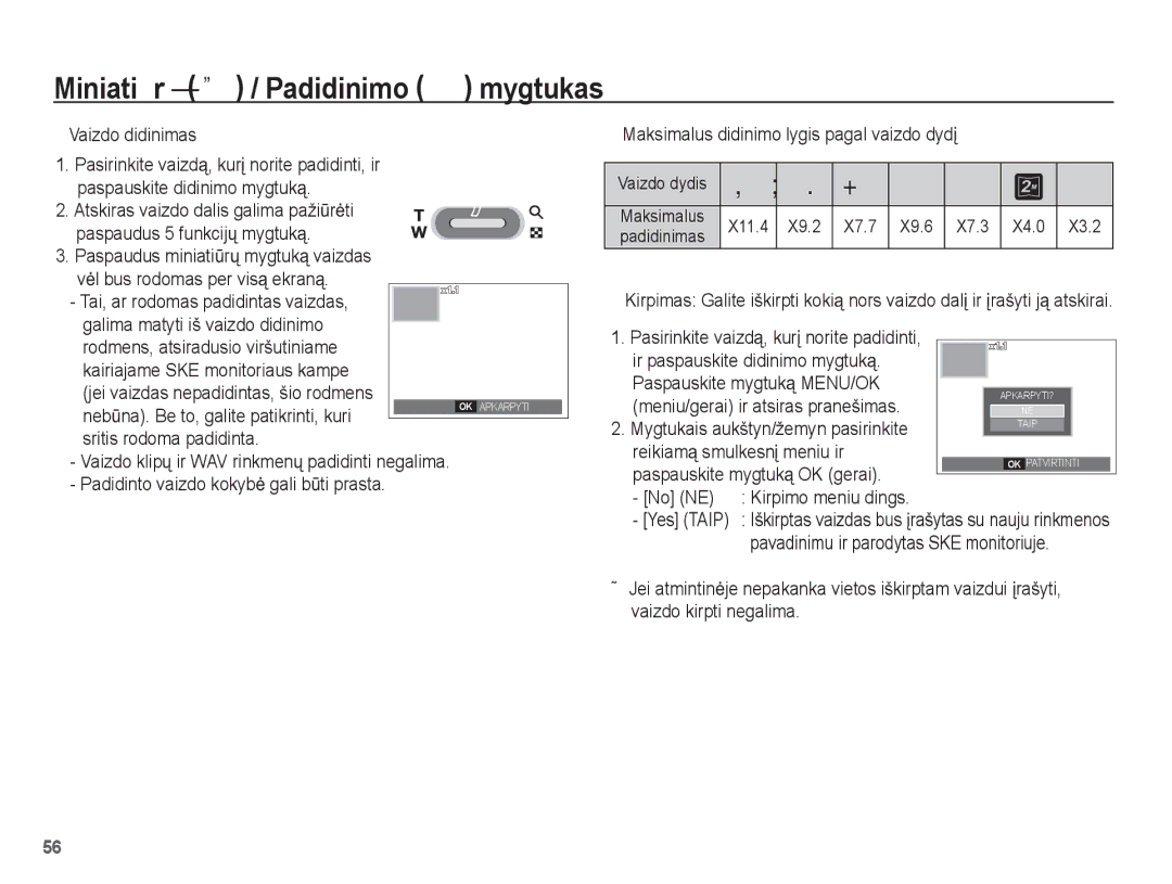 Samsung EC-L201ZBBA/RU manual Miniatiǌrǐ º / Padidinimo í mygtukas, Vaizdo didinimas, Meniu/gerai ir atsiras pranešimas 