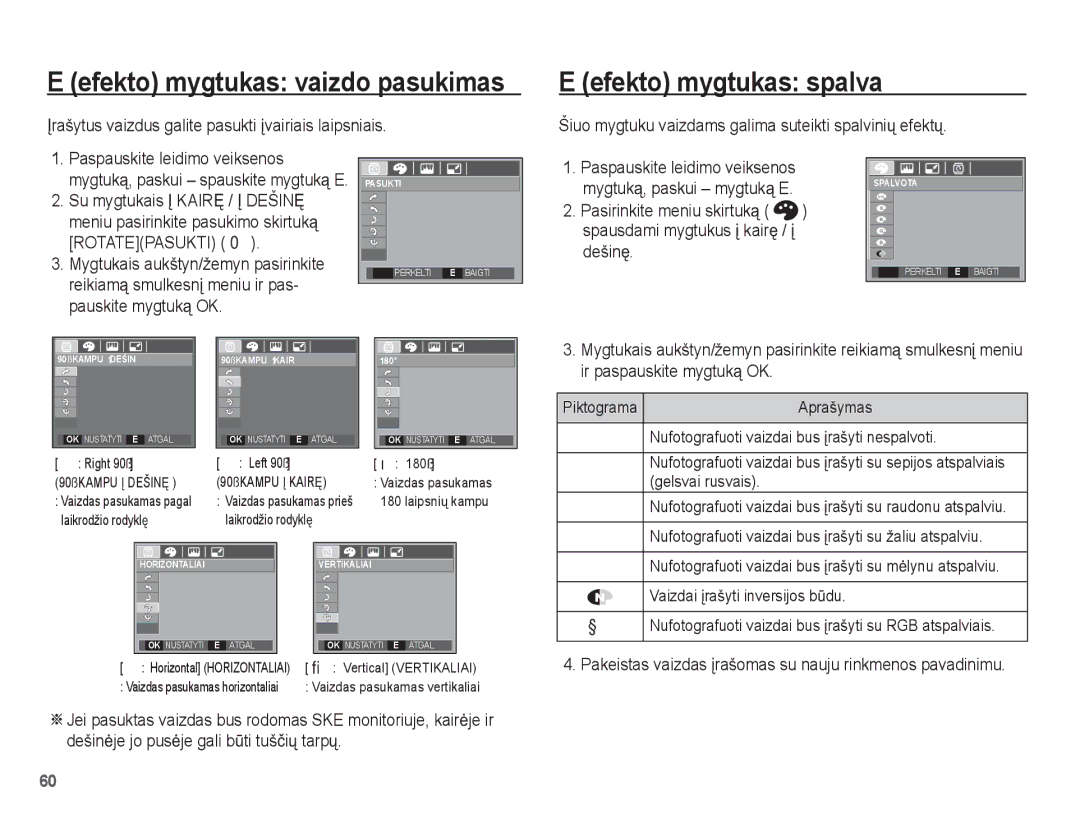 Samsung EC-L201ZBBA/RU, EC-L201ZSBA/RU manual Efekto mygtukas spalva, Ʋrašytus vaizdus galite pasukti Ƴvairiais laipsniais 